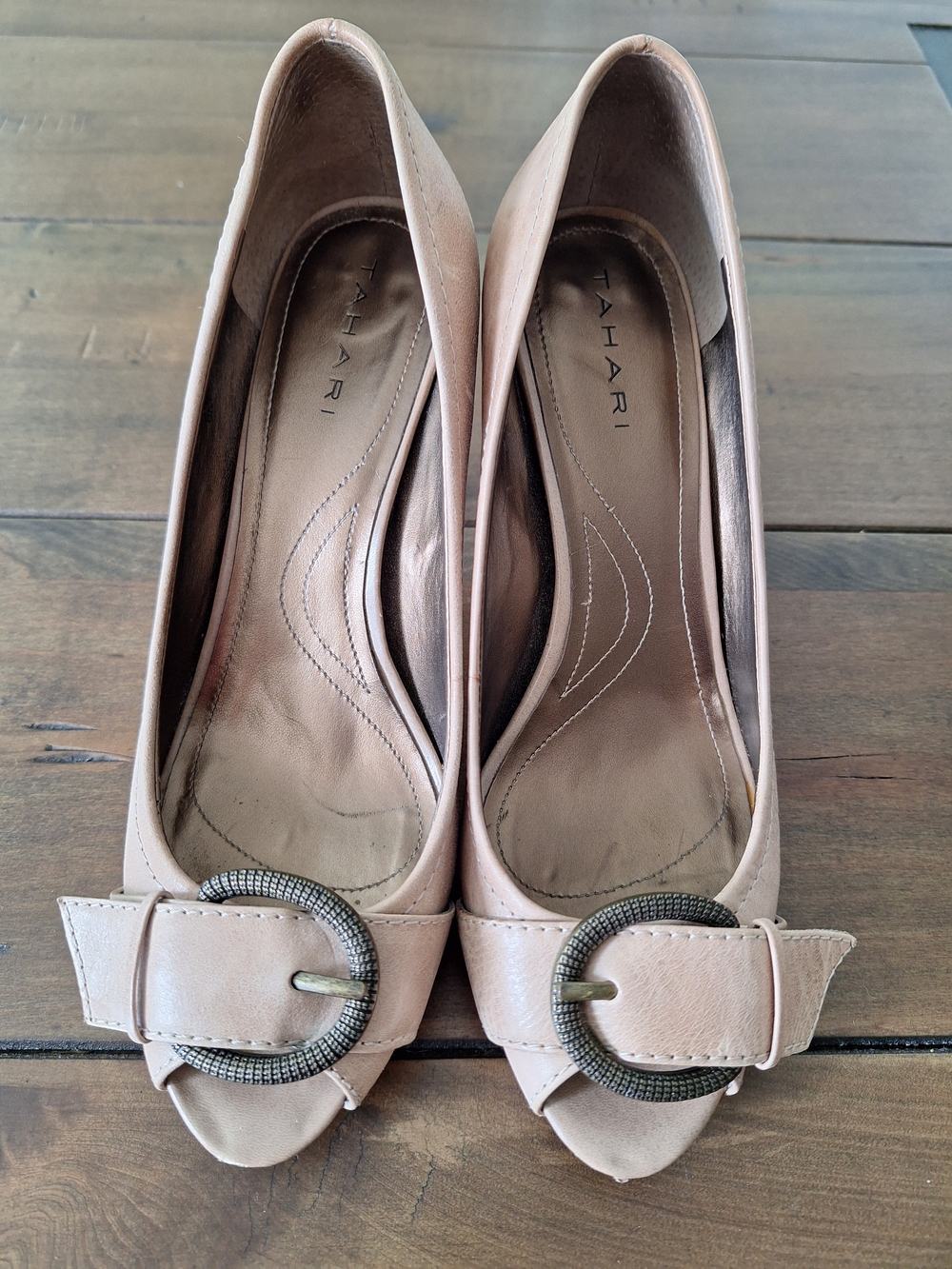 Tahari Blush Peep-Toe Heels with Decorative Buckle